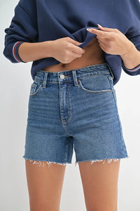 Blue denim walking shorts with longer length for comfortable casual wear