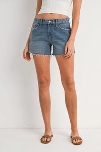 Blue denim jean shorts for women with a low rise style from LOW RISE RELAXED DENIM JEAN SHORT