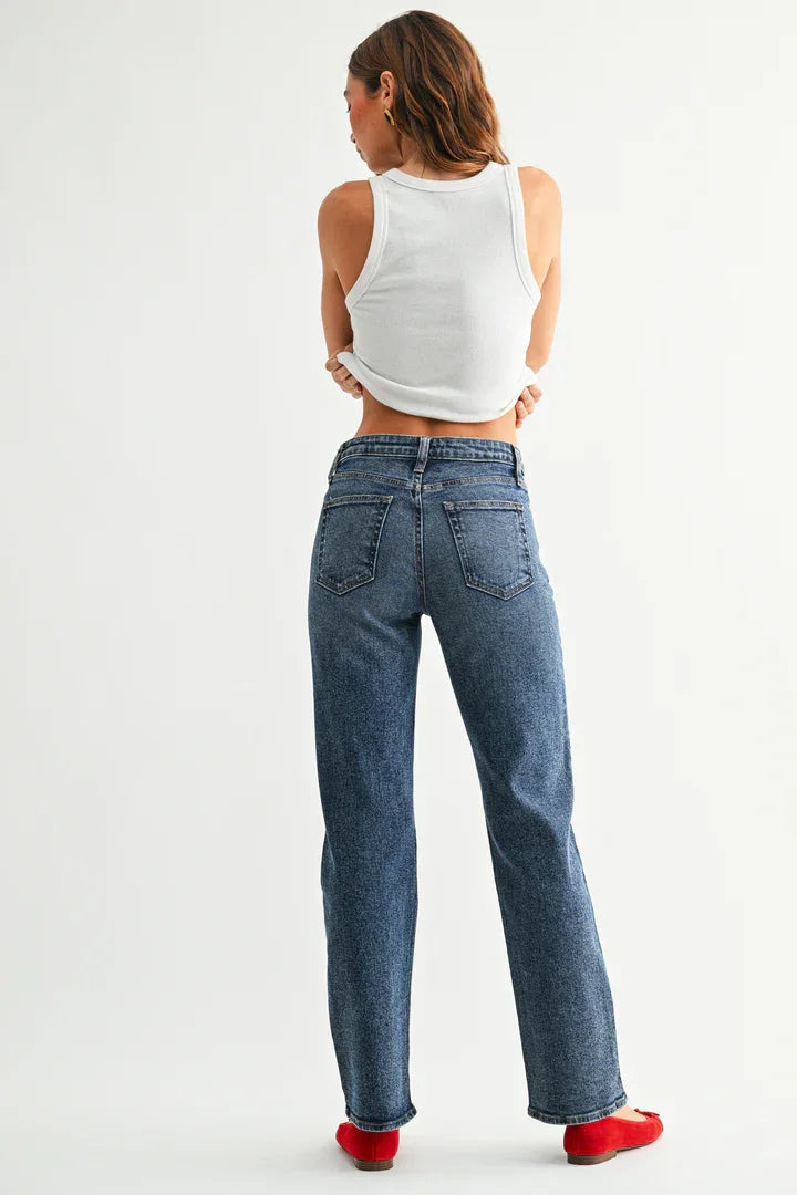 Blue full length straight denim jeans with red heel accents