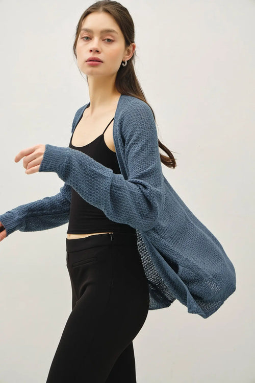 Blue knit cardigan from CROPPED KIMONO CROCHET CARDIGAN, perfect for womenās boho chic clothing at Shop Daisy