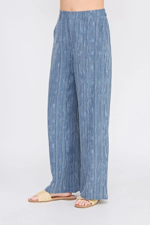 Blue pleated textured wide leg pants with back elastic waist, stylish wide leg pants