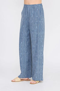 Blue pleated textured wide leg pants with back elastic waist, stylish wide leg pants