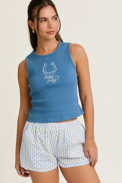 Blue rib tank top with horseshoe embroidery from Shop Daisy Lane in the EMBROIDERY DETAIL RIB TANK TOP
