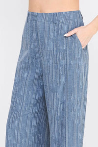 Blue striped textured wide leg pants with back elastic waist, stylish wide leg pants