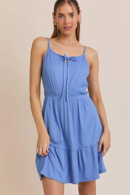 Blue sundress with tie bow strap details in the FRONT TIE BOW STRAP MINI DRESS product