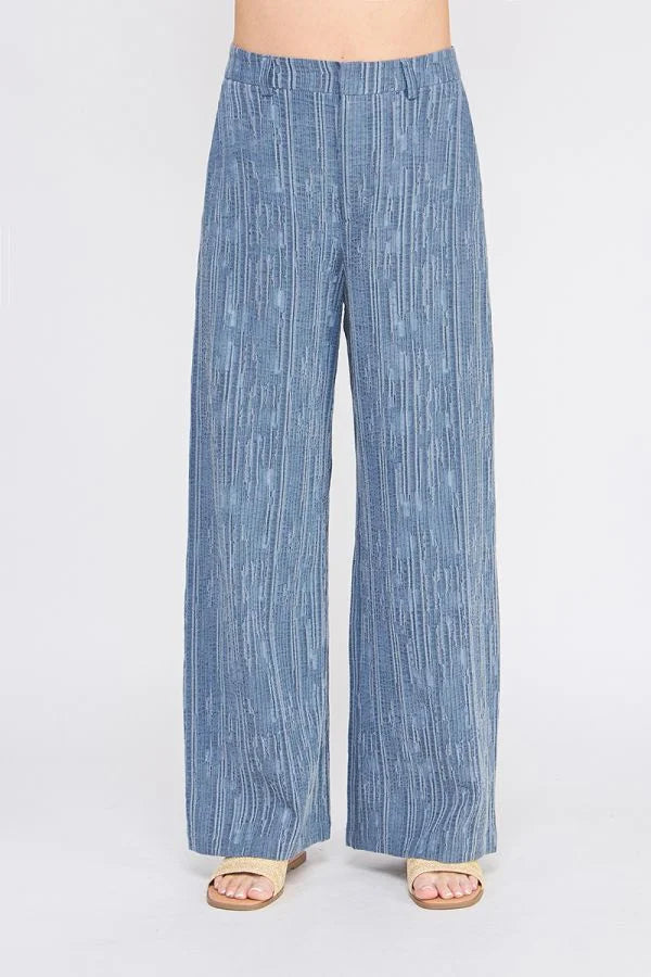 Blue textured wide leg pants with back elastic waist showcasing stylish wide leg design