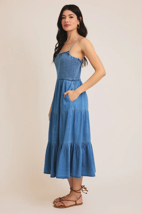 Blue sleeveless smocked tiered dress midi, perfect for summer occasions