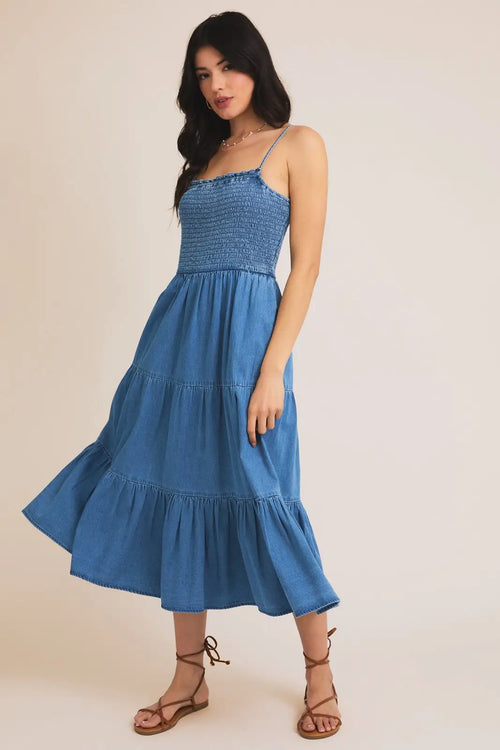 Blue sleeveless smocked tiered dress, a stylish tiered dress midi for summer occasions