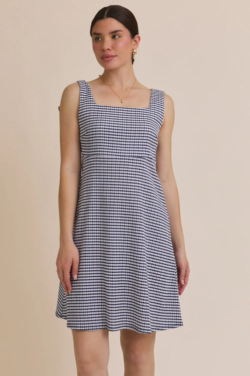 Blue and white gingham stripe sleeveless mini dress with square neckline