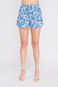 Blue and white leaf-patterned printed woven tie shorts displayed as woven tie shorts