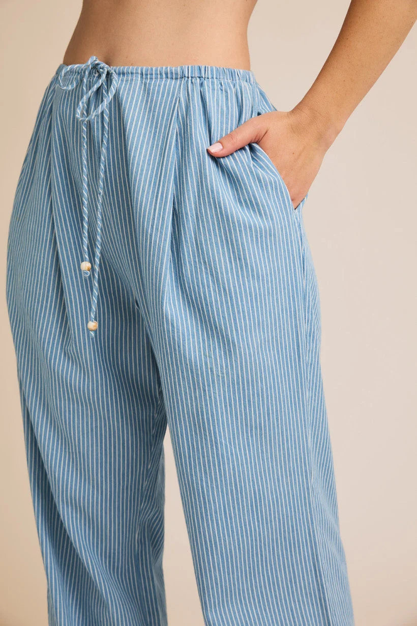 Blue and white striped draw string waist stripe chambray pants for comfortable style