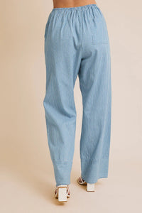 Blue and white striped DRAW STRING WAIST STRIPE CHAMBRAY PANTS for stylish comfort