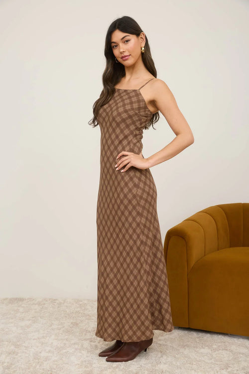 Brown argyle print plaid spaghetti strap maxi dress displayed as a stylish spaghetti strap maxi