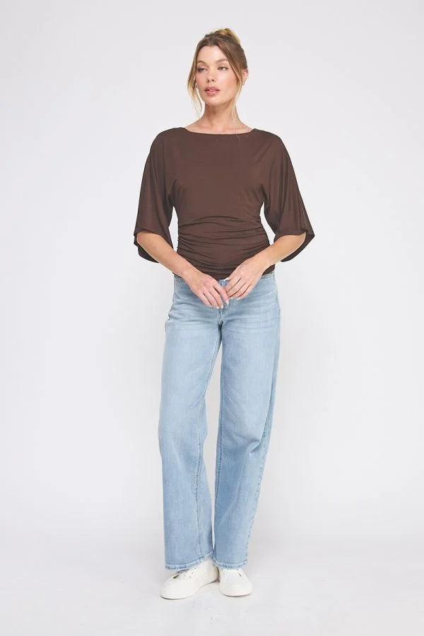 Double Knit Angel Sleeve Cinch Side Top paired with light wash wide-leg jeans
