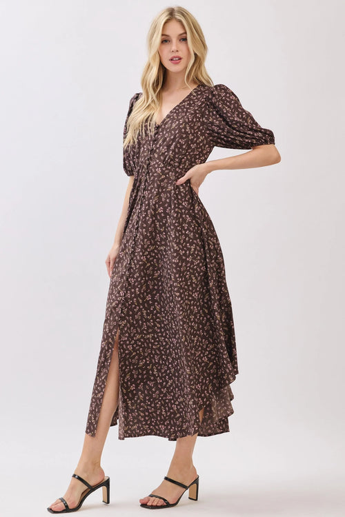 Brown floral short sleeve self-cover midi dress with puff sleeves and side slit