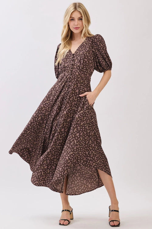 Brown floral print short sleeve self-cover midi dress with V-neck and side pockets