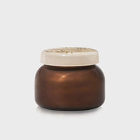 Brown glass jar with a patterned lid for Chestnut Embers Autumn Glow Candle Signature Jar