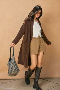 Cozy brown long cardigan with pockets, textured wool blend for effortless style