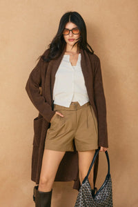 Cozy open front pockets long cardigan in brown, long length effortless style