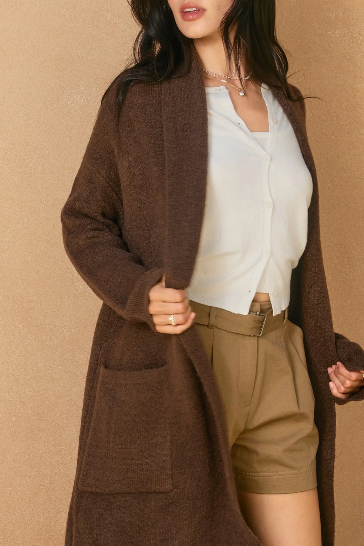 Brown long cardigan with pockets, open front, long length for effortless style