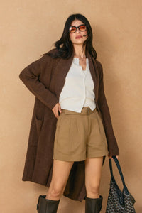 Cozy open front pockets long cardigan in brown, long length with ribbed cuffs