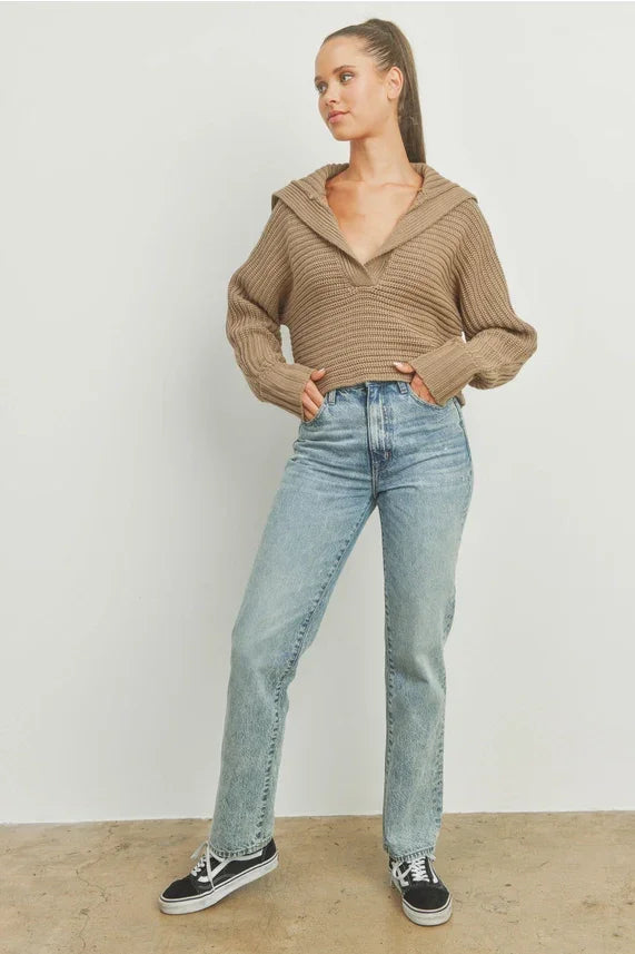 Drama collar V neck sweater in brown ribbed hoodie with jeans and sneakers