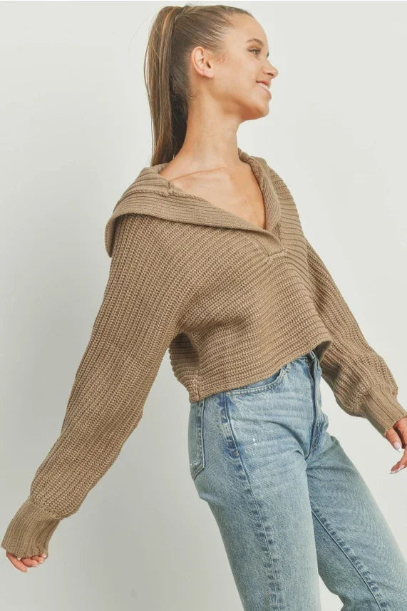 Drama Collar V-Neck Brown Ribbed Knit Cropped Hoodie