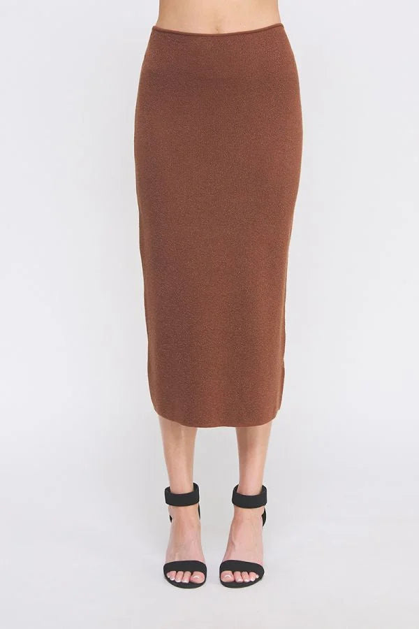 Soft Lurex Tube Midi Skirt in brown ribbed knit fabric for elegant style