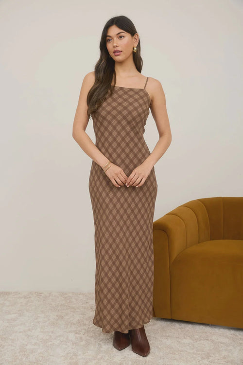 Brown plaid spaghetti strap maxi dress with thin straps and sleeveless design