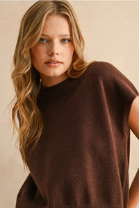 Brown loose fit short sleeve sweater top with ribbed edges