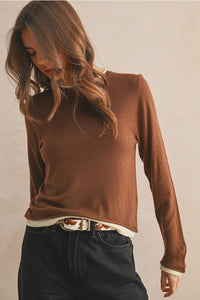 Brown long sleeve layered knitted turtleneck top for women