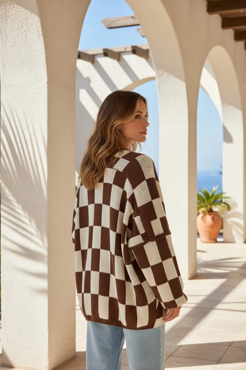 Brown and white checkered oversized dropped shoulders cardigan with relaxed fit