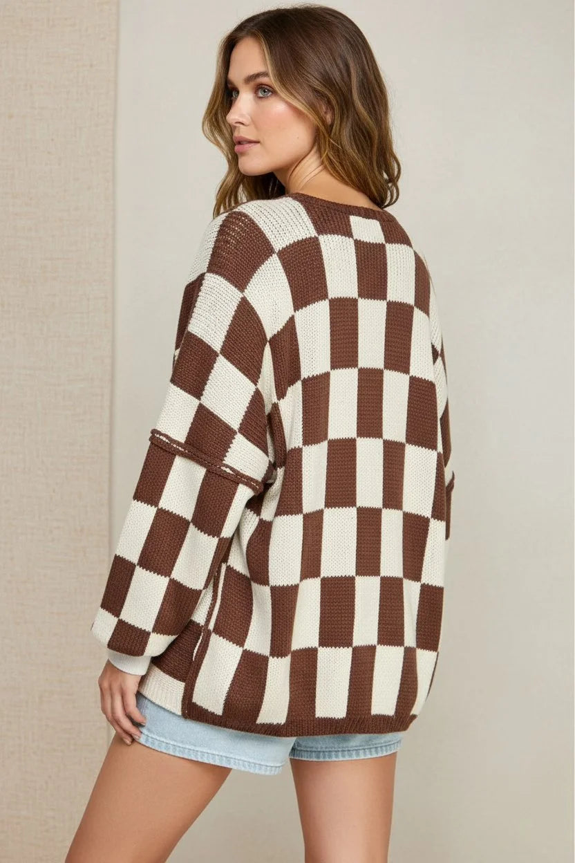Brown and white check dropped shoulders cardigan with long sleeves for a stylish look