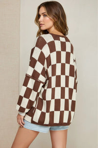 Brown and white check dropped shoulders cardigan with long sleeves for a stylish look