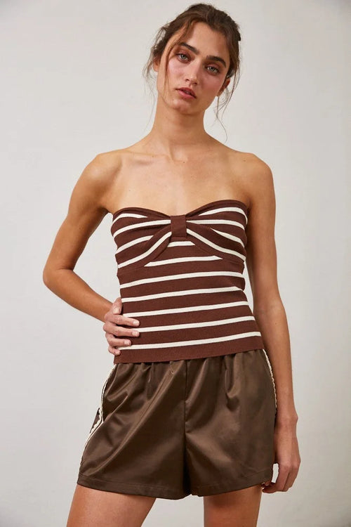Brown and white striped removable strap tube tank top with bow detail