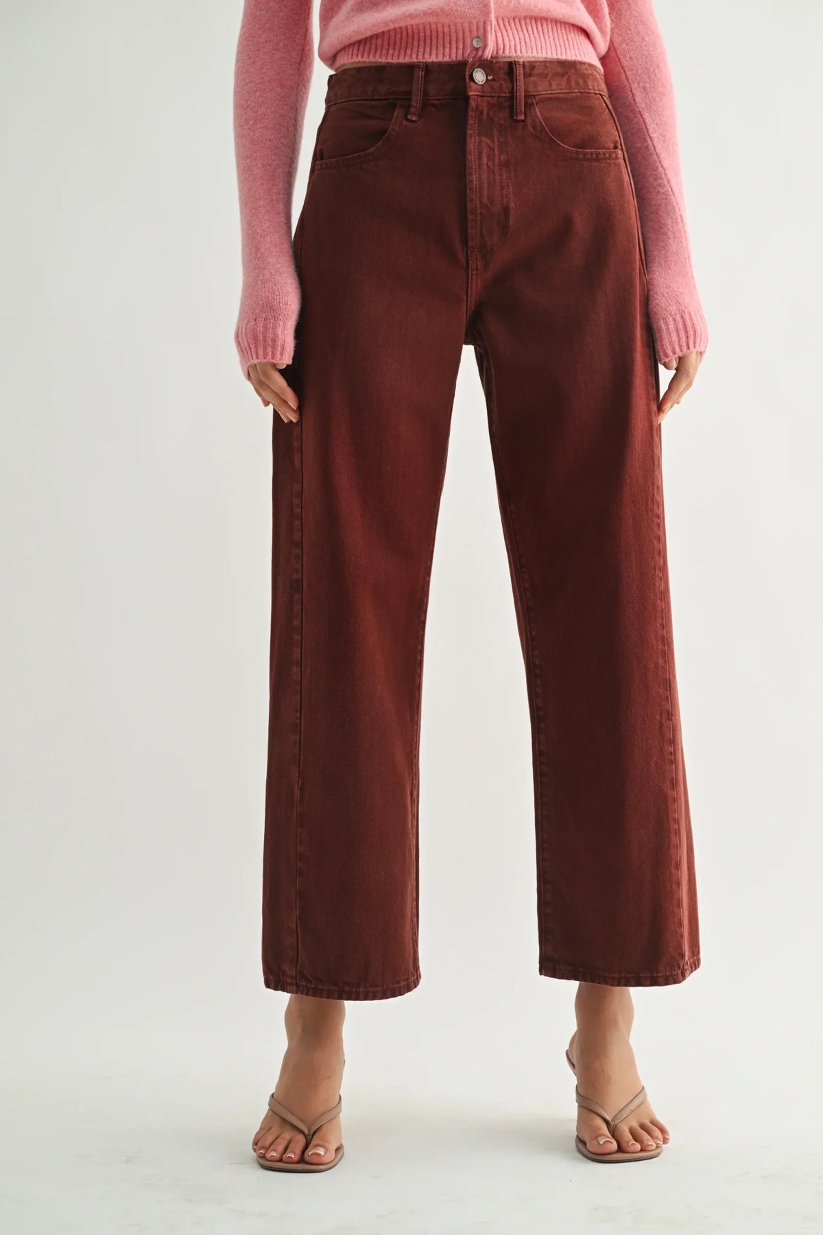 Brown wide-leg jeans from HIGH RISE BARREL DENIM JEAN TWIST, perfect for women’s boho chic clothing