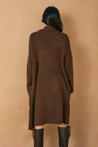 Brown wool long cardigan with pockets and zipper details in effortless style