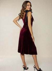 Burgundy velvet sleeveless Adorned Virtue midi dress with bow detail