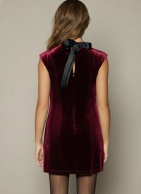 Lost + Wander Adorned Virtue burgundy velvet mini dress with black bow