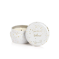 Capri blue Volcano Glimmer Mini Tin Candle in speckled white ceramic jar with gold accents