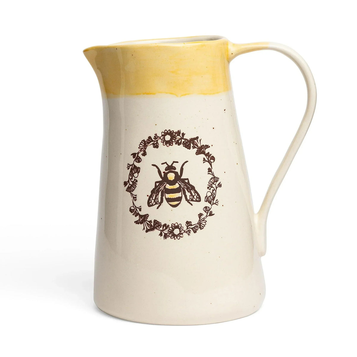 Ceramic Bee Vase Pitcher with yellow top and floral wreath on cream base
