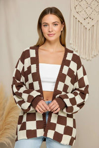 Checkered dropped shoulders cardigan in brown and cream with oversized open front