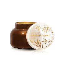 Chestnut Embers Autumn Glow Signature Jar Candle with botanical design and gold accents