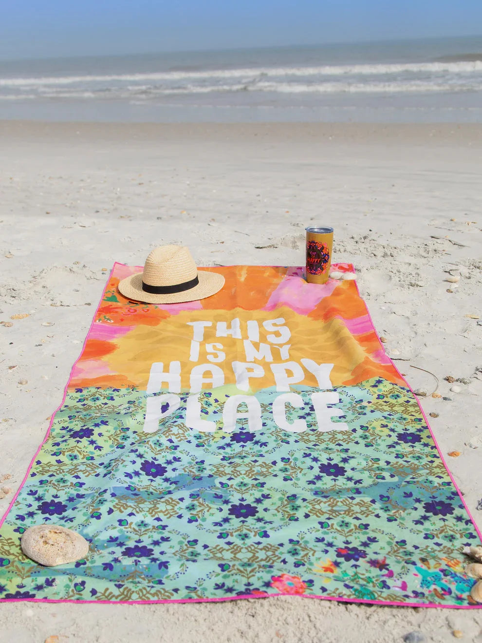 Colorful beach towel with hat and drink from DOUBLE-SIDED MICROFIBER YOGA OR BEACH TOWEL