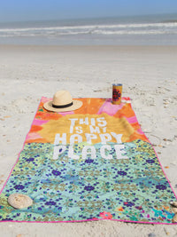 Colorful beach towel with hat and drink from DOUBLE-SIDED MICROFIBER YOGA OR BEACH TOWEL