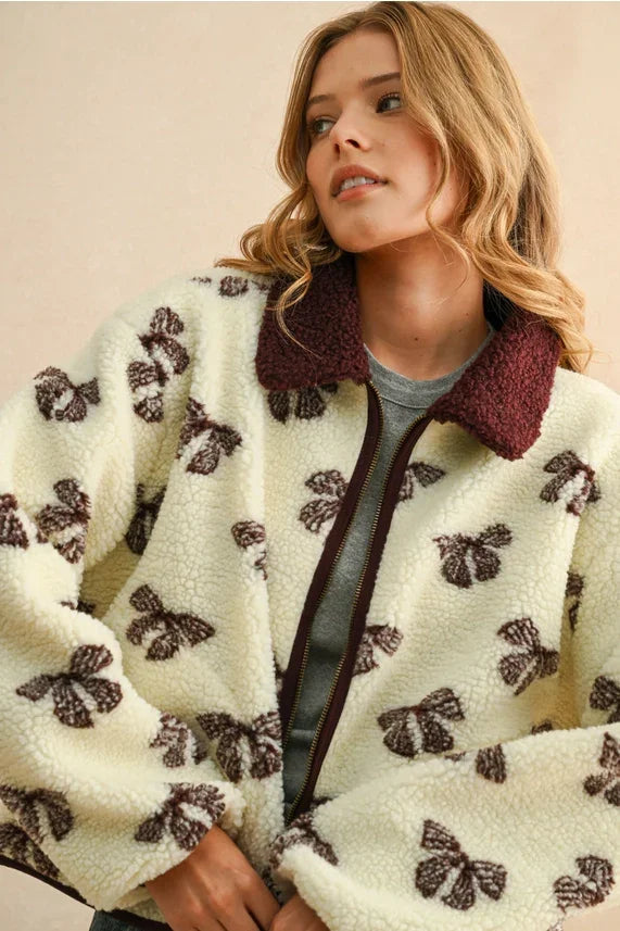 Cream and brown bow pattern sherpa jacket with maroon collar, stylish sherpa jacket for cold weather