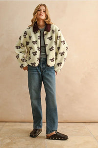 Cream and brown floral print Sherpa jacket with fur collar, Bow Pattern Sherpa Jacket