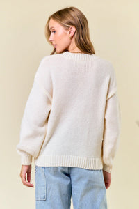 Cream-colored knit sweater with ribbed trim and balloon sleeves, size small, women’s boho chic clothing