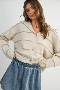 Cream and gold striped collared cardigan with drawstring hood