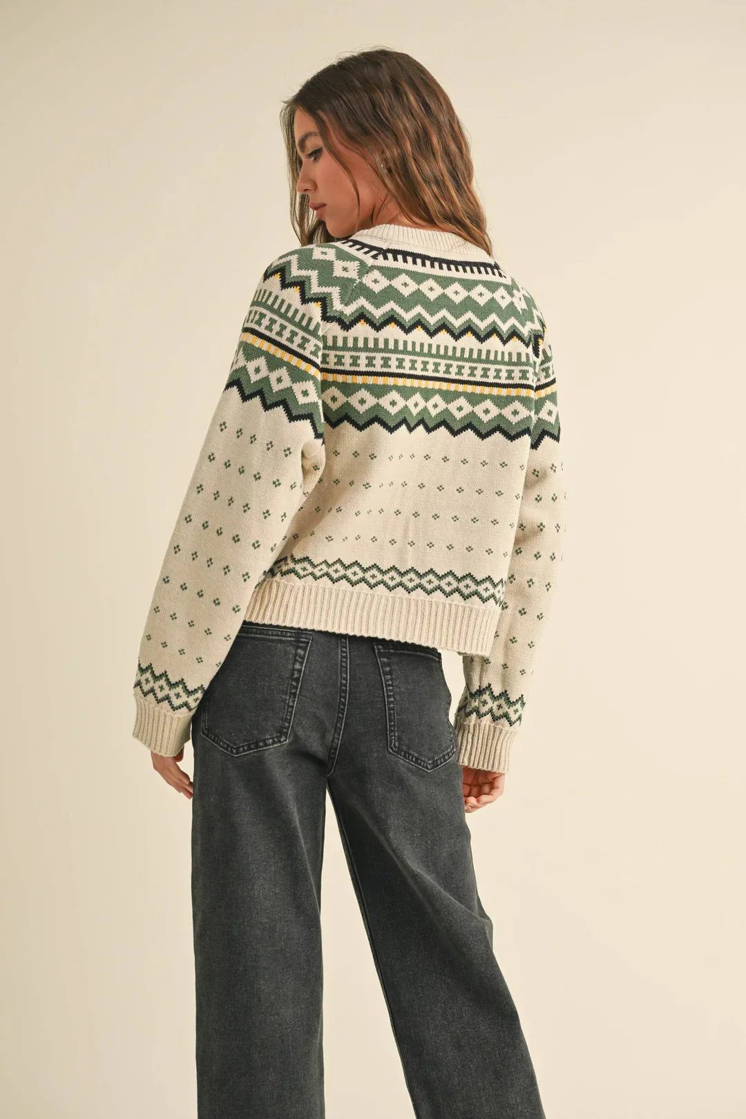 Cream and green Fair Isle sweater cardigan, a stylish choice in women’s boho chic clothing